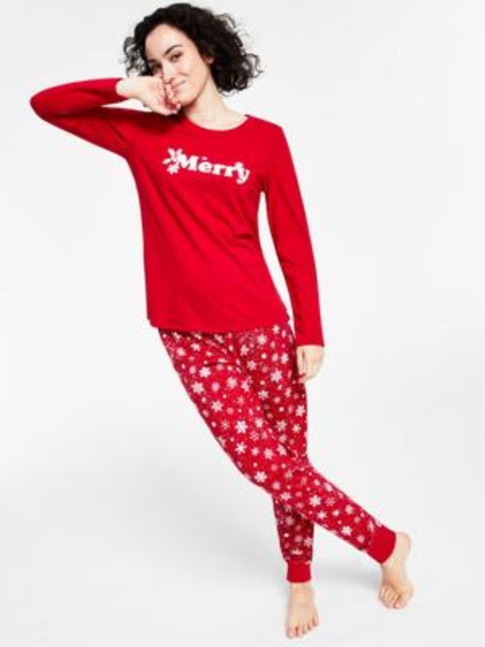 Family Pajamas Matching Women's  Merry Snowflakes Candy Red 2pc set M